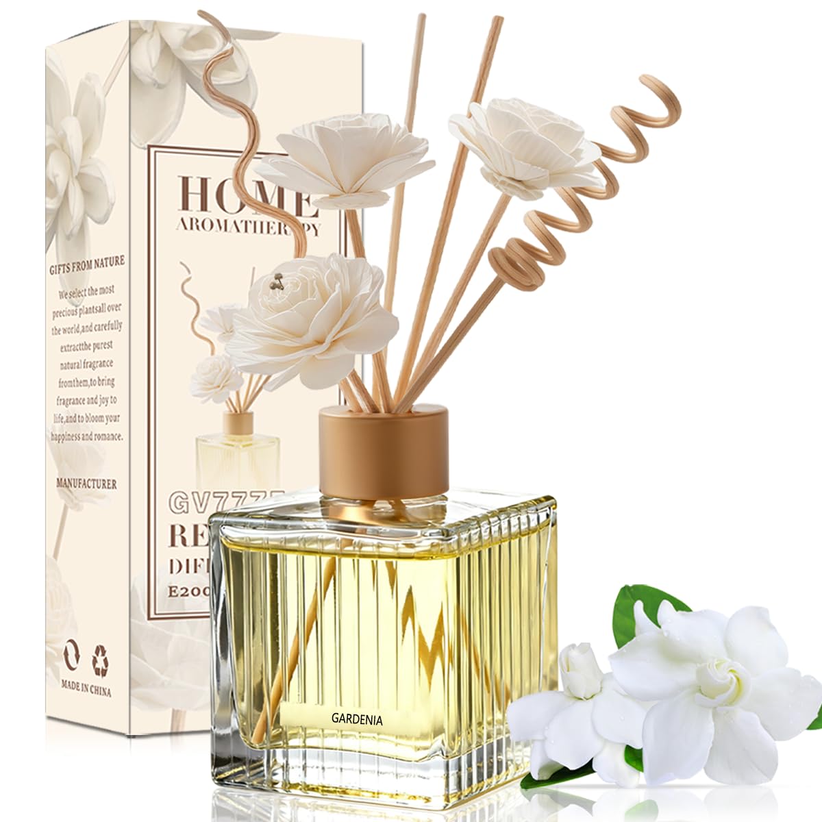 Difusor de varillas Gardenia de 200 ml fragancia ajustable con flores secas y varillas de ratán