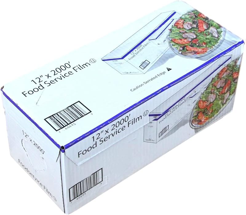 Plastic Food Film Seal Wrap in Cutter Dispenser, Stretch Tight, Food Service Grade, 12" x 2000' Square Feet Roll