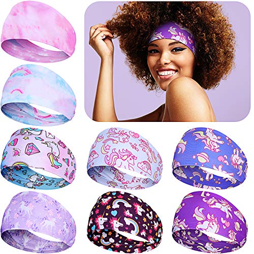 8 Pieces African Headband Stretchy Boho Print Head Band Yoga Sports Workout Hairband Elastic Turban Headwrap Head Wear for Women Girls Hair Accessories (Unicorn Pattern)