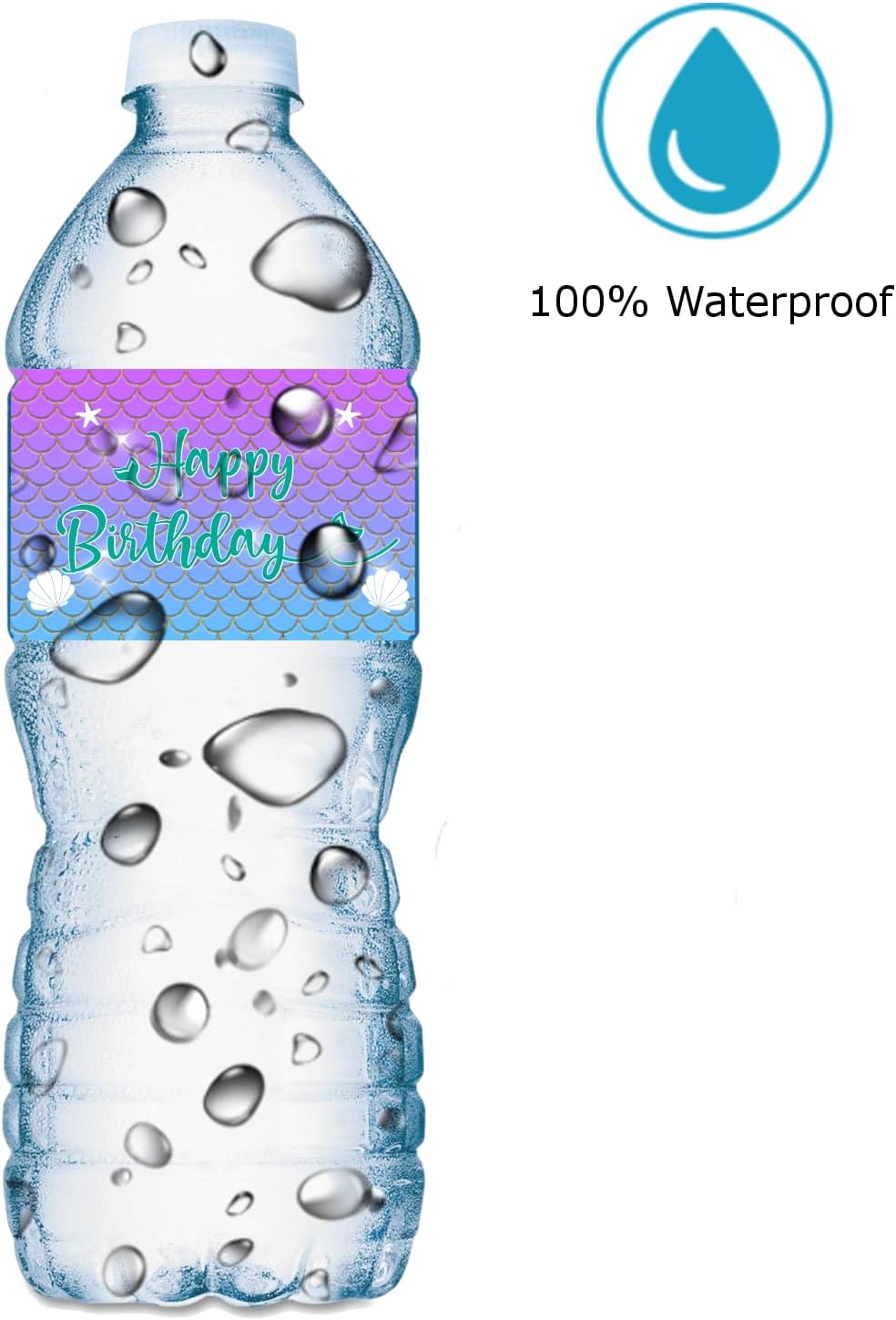 25 Mermaid Water Bottle Labels, Tail Waterproof Water Bottle Wrappers, Stickers for Themed Birthday Party Decorations, Baby Shower. Made in USA