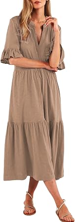 Mieazom Short Sleeves Maxi Dress for Women A Line Summer Dress V Neck Casual Loose Tiered Long Dresses with Pockets