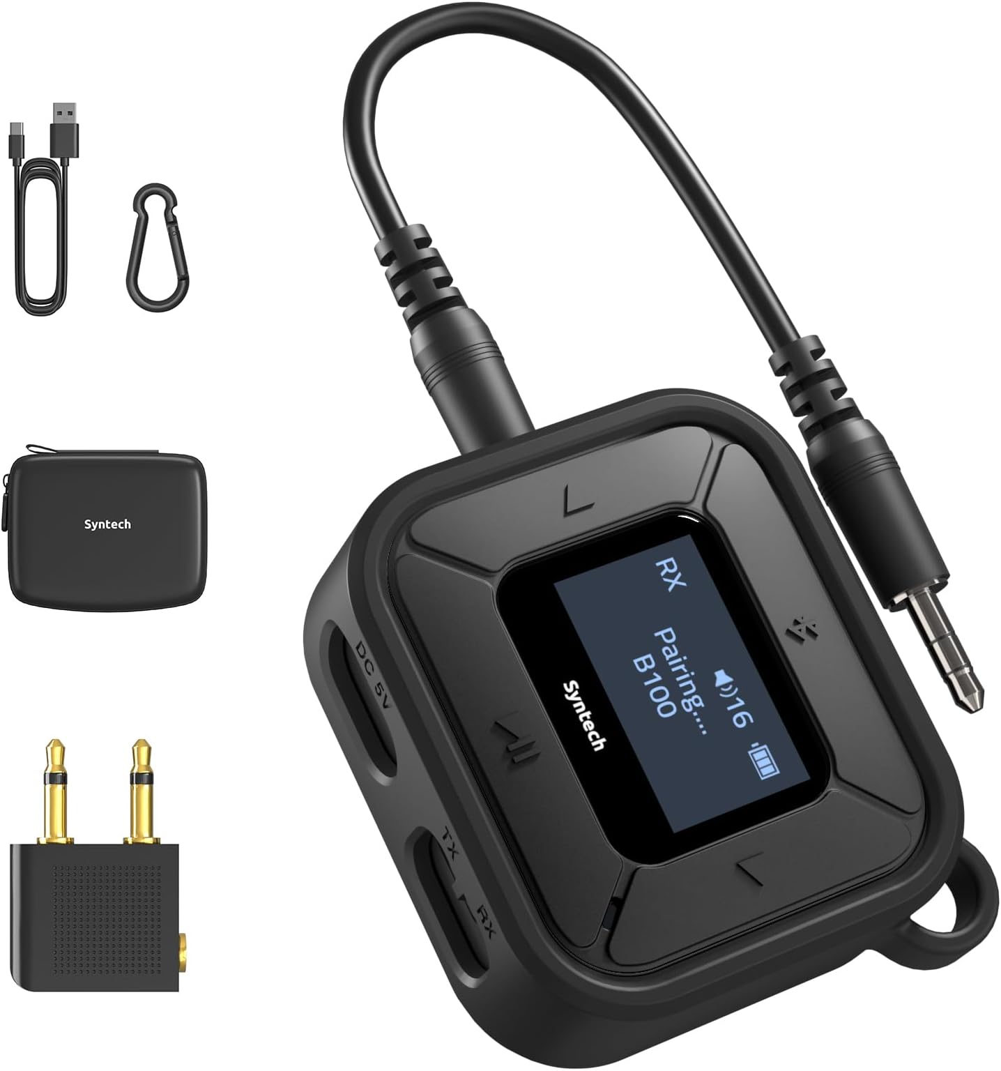Syntech Airplane Bluetooth Transmitter Receiver with Extra Dual 3.5mm AUX Adapter, LED Display Low Latency Dual Link Bluetooth 5.3 headphone Adapter for Car AirPods Wireless Headphone Black