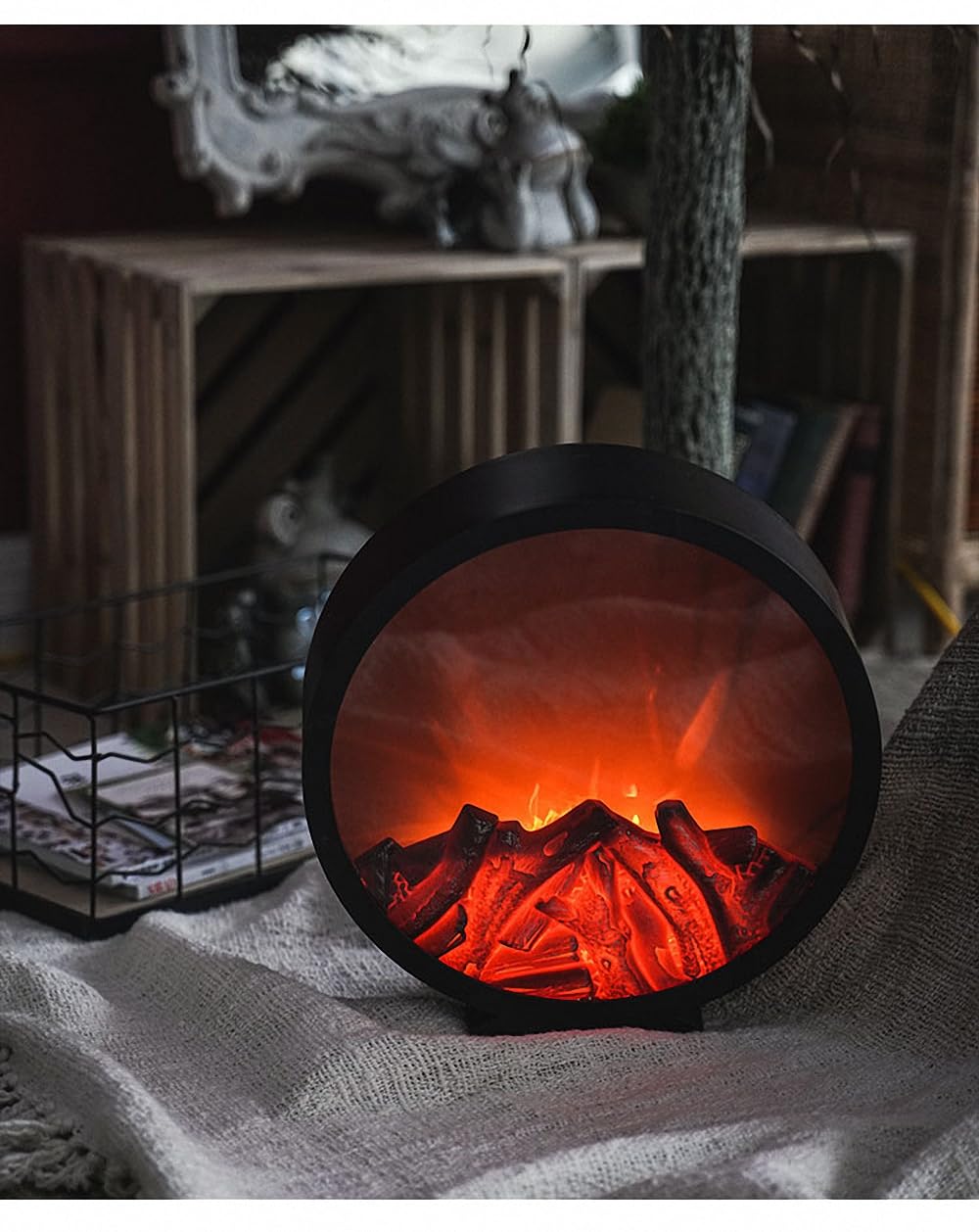 Small Cozy Fireplace Lantern Traditional Realistic Log Wood Burning Flame Effect Ligh LED Charcoal Style Table LampFor Indoor &amp; Outdoor Use