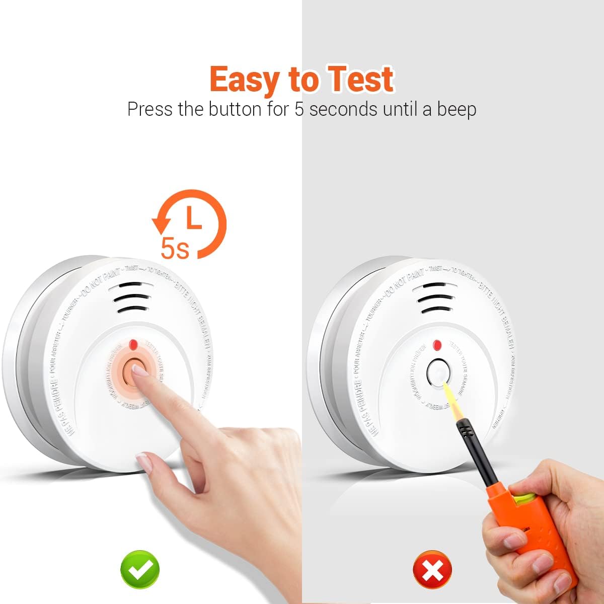 Diagram showing a finger pressing the test button on the smoke detector, indicating a 5-second press for testing.