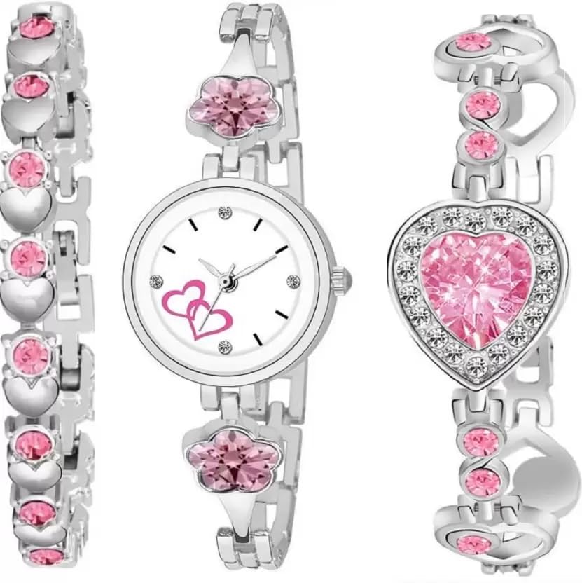 GOLDENIZE FASHION Stylish Pink Blue Analog Dial Wrist Watch for Womens and Girls Watch with Heart Shape Love Bracelets Watch for Girls-Pack of 3 (Baby Pink) (B0CH4LP1SS) Amazon Price History, Amazon Price Tracker