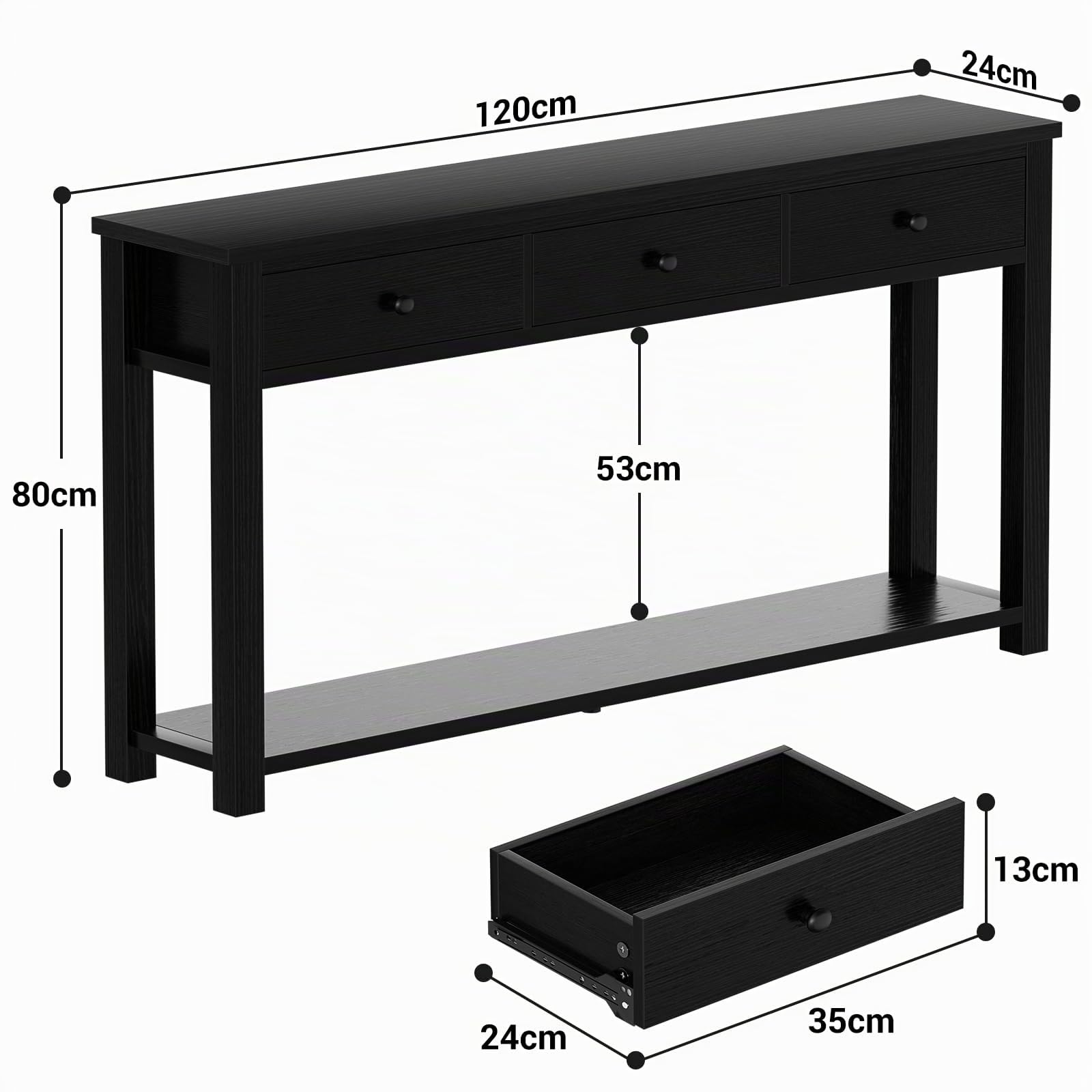 iSunirm Table console avec 3 tiroirs, 120 cm de largeur, en bois, avec compartiment de rangement pour salon, derrière le canapé, table de couloir pour couloir, salon ou entrée, noir