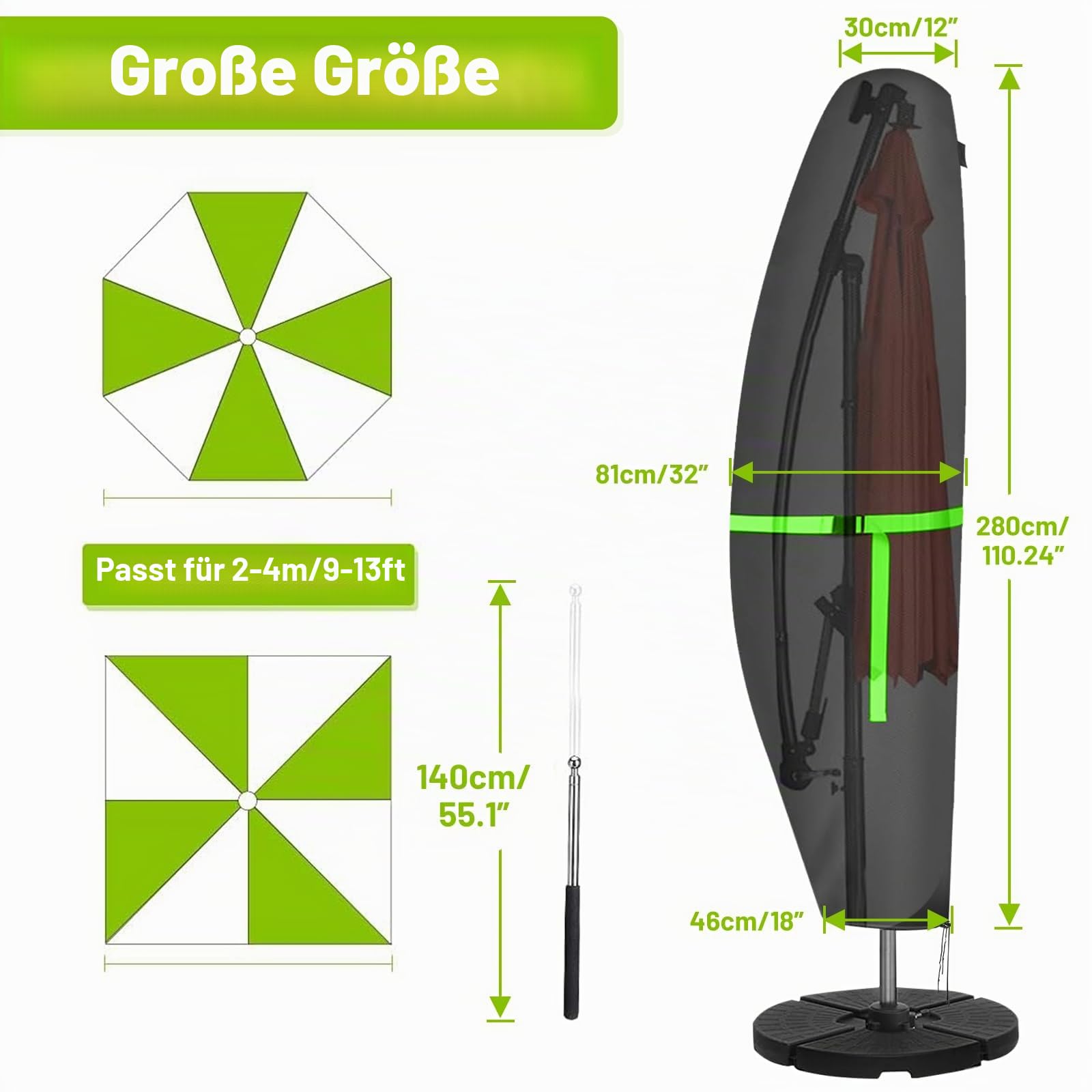 GEMITTO Sonnenschirm Schutzhülle mit Stab, Ampelschirm Schutzhülle Wasserdicht 280x30x81/46cm Outdoor Sonnenschirm Abdeckung für 2 bis 4m Schirme, 420D Wetterfest Sonnenschutz Winddicht Schirmhülle