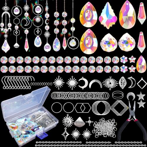 Luzoybo 240PCS DIY Sun Catchers Making Kits for Adults Crystal Suncatchers Kit with Colourful Prism Pearl Rainbow Maker for Windows Hanging Indoor Outdoor Garden Decor (Silver)