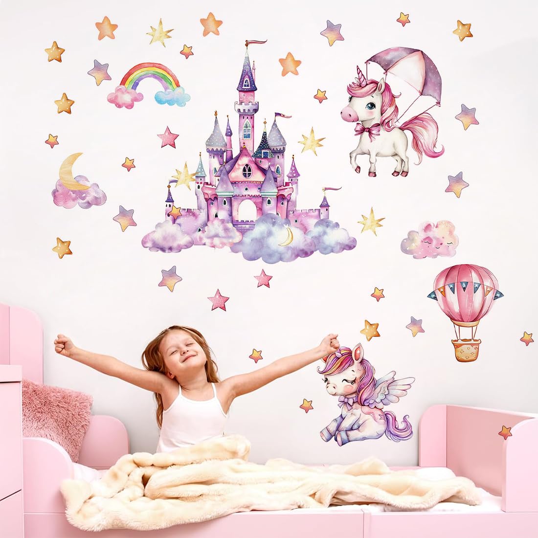 Adesivi da Parete Fluorescenti Unicorno Arcobaleno Luminoso Murali Bambini Farfalle Mongolfiera Stella Decorazione Murale