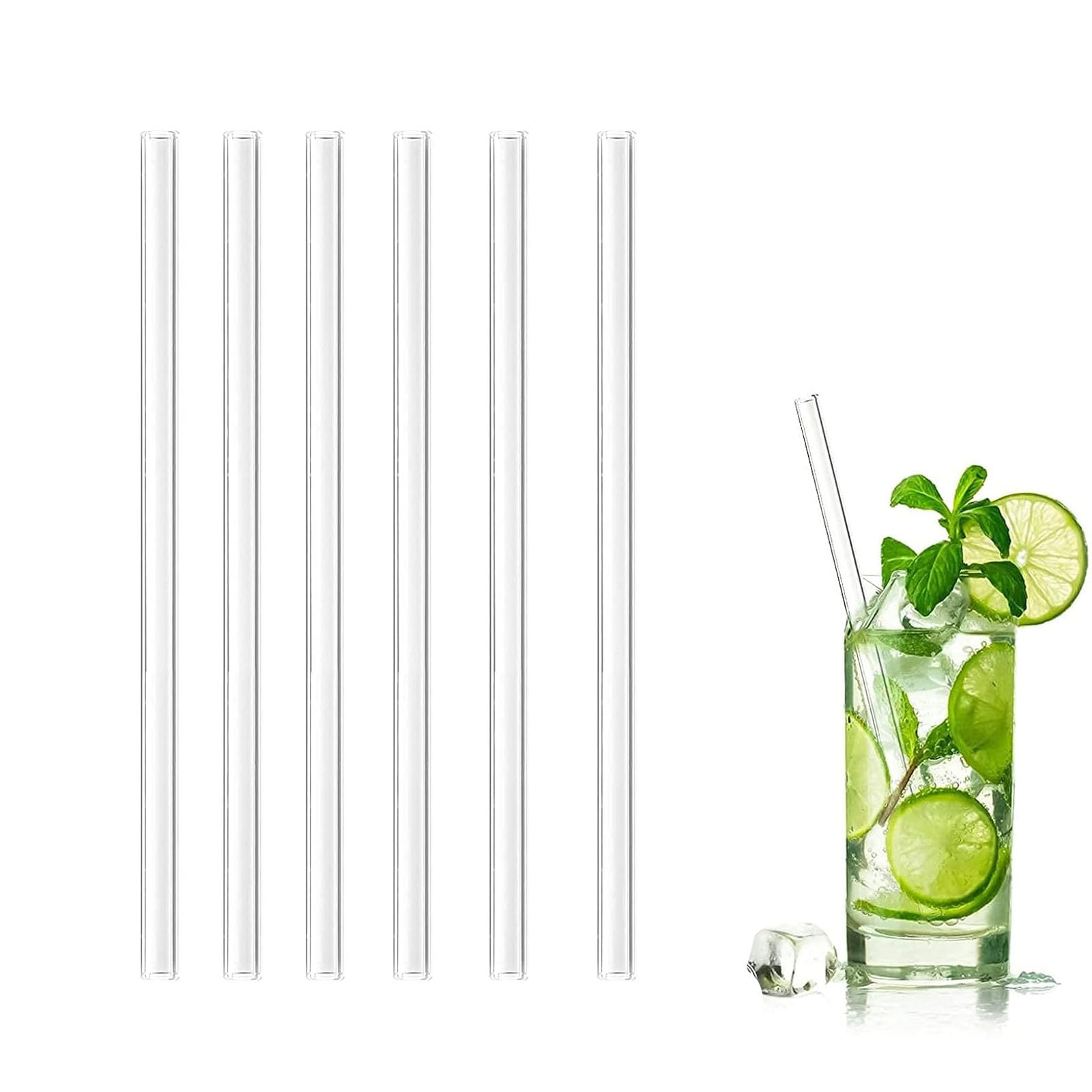 6 Stück ​​Glas Strohhalm Wiederverwendbar​​, 8mm Durchmesser 20cm Länge Glas Trinkhalme für Bubble Tea Smoothie Cocktail Slush Säfte Clearwater