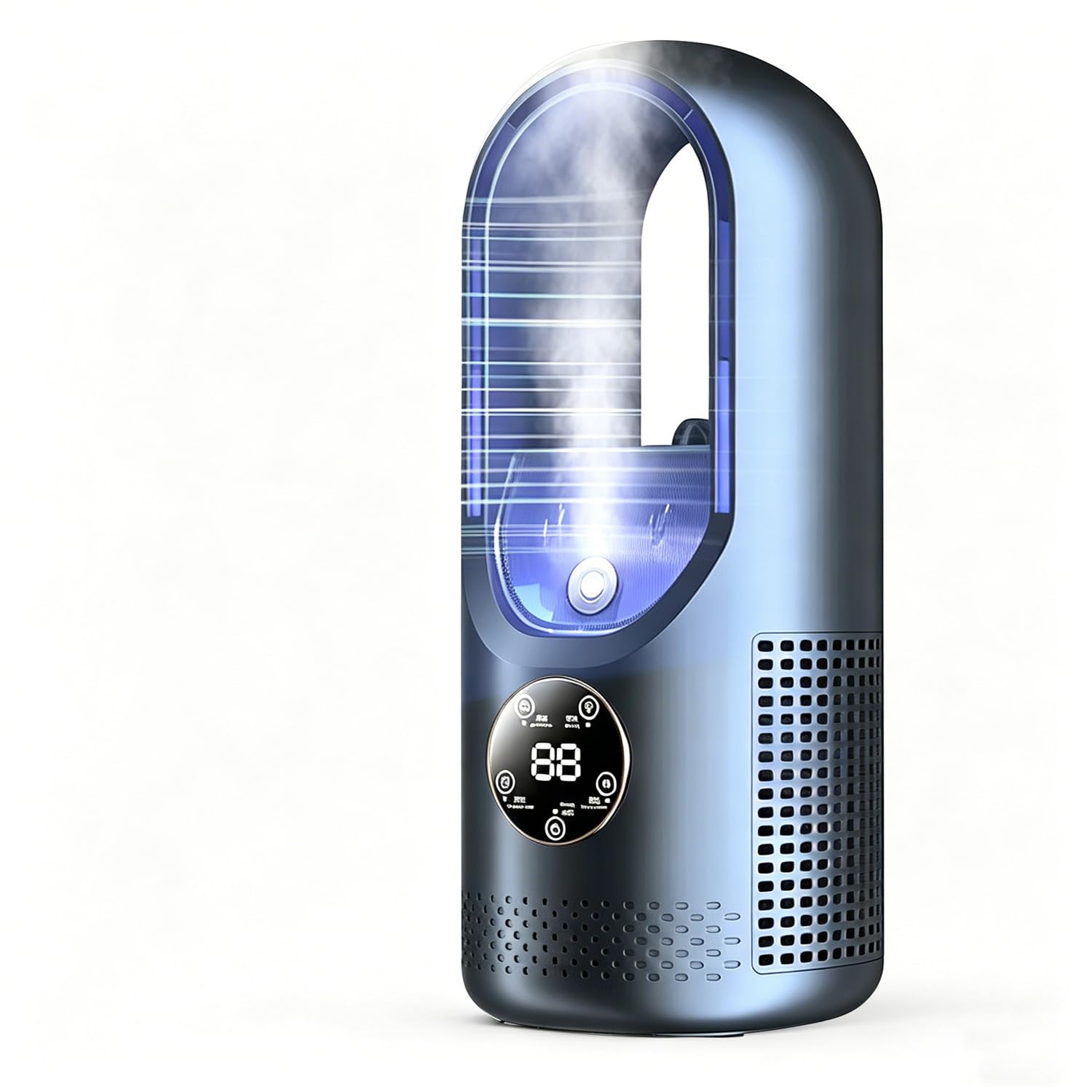 Tragbare Klimaanlage, blattloser Mini-Luftkühler mit 6 Windgeschwindigkeiten und 6 Stunden Ausschalt-Timer, wiederaufladbar über USB, für Schlafzimmer, Büro, Schreibtisch (weiß und blau)
