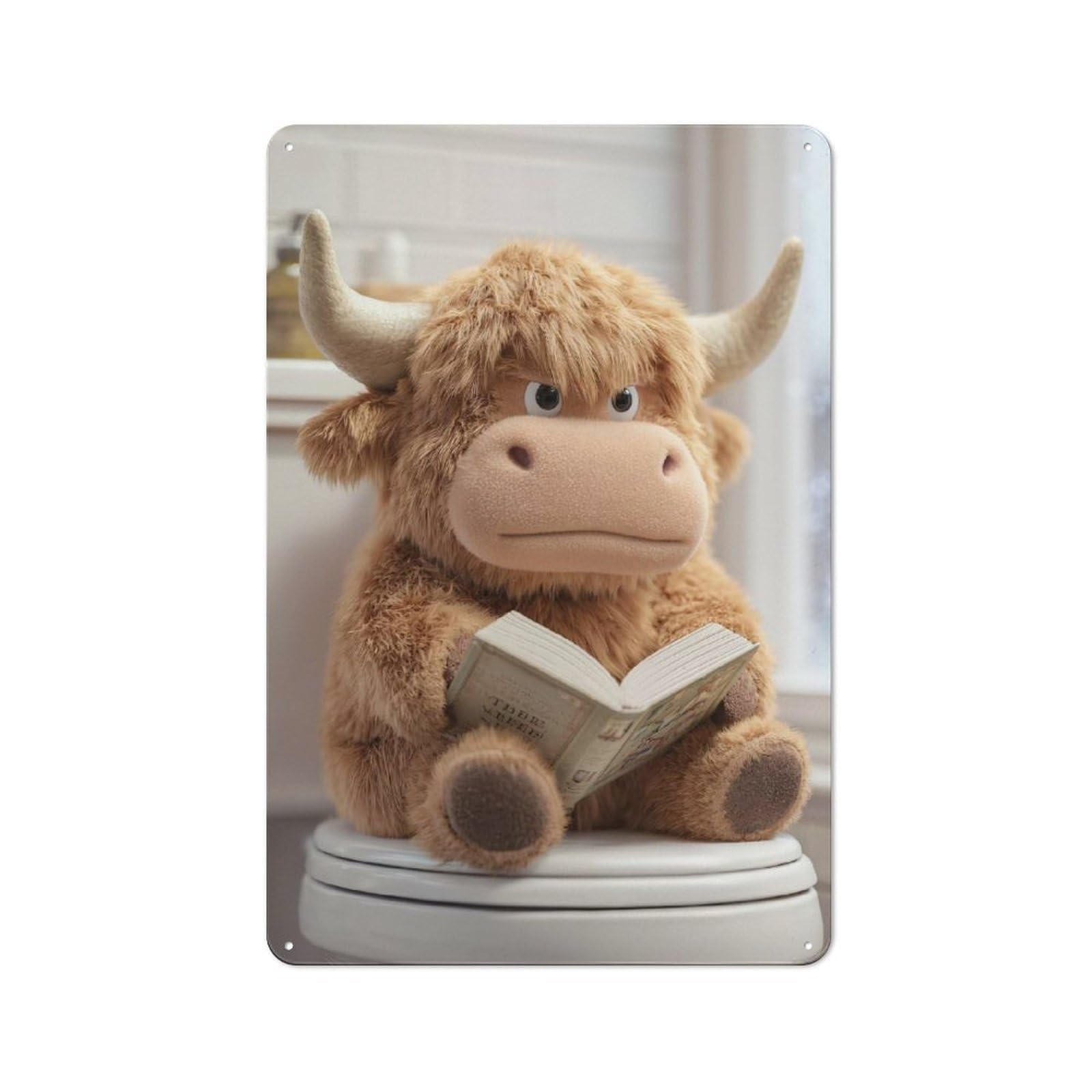 Junmoney Style-11 Vintage Metal Sign 30X20cm Featuring Stuffed Highland Cow Reading On Toilet For Pub Or Café, Wall Decor For People Reorganising Pub And Café