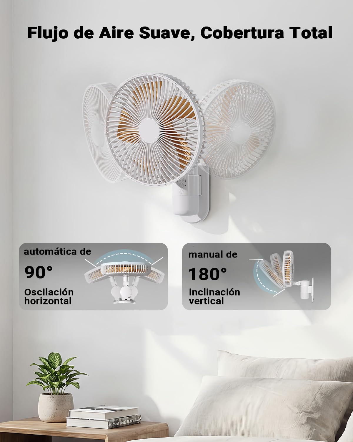 Ventilador de Pared 26 cm con Luz y Control Remoto, Silencioso 30 dB, Flujo de Aire Potente 5,2 m/s, Temporizador, Oscilación 90°, 4 Velocidades, Inclinación 180° para Dormitorio, Oficina,Autocaravana
