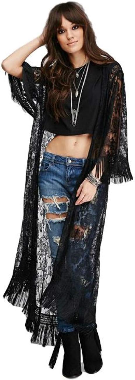 Stevie Nicks Bohemian Style Kimono Black Lace Fringe Bell Sleeves Duster Cardigan