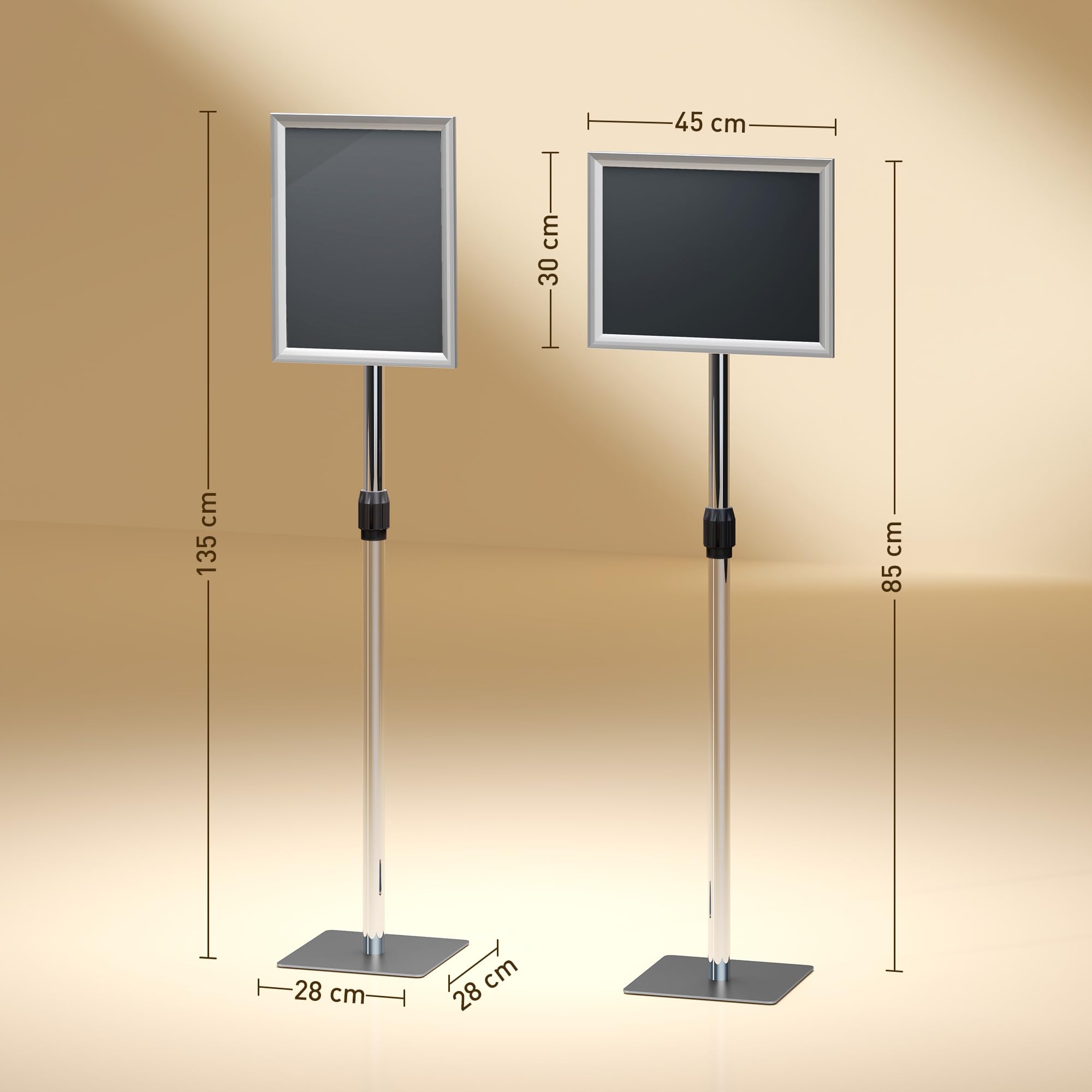 HOMCOM Supporto Poster A3 con Altezza e Inclinazione Regolabili, Supporto Espositore da Terra in Acciaio e Alluminio, 45x30x85-135 cm, Argento