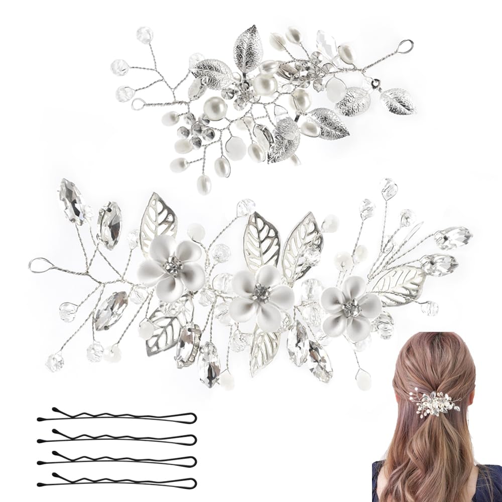 GOIYZTTR Juego de 2 Piezas Tocados de Novia Plata Wedding Crystal Hair Vines Flor Hoja Tocados Accesorios Adecuado Como Accesorio para el Cabello de Boda