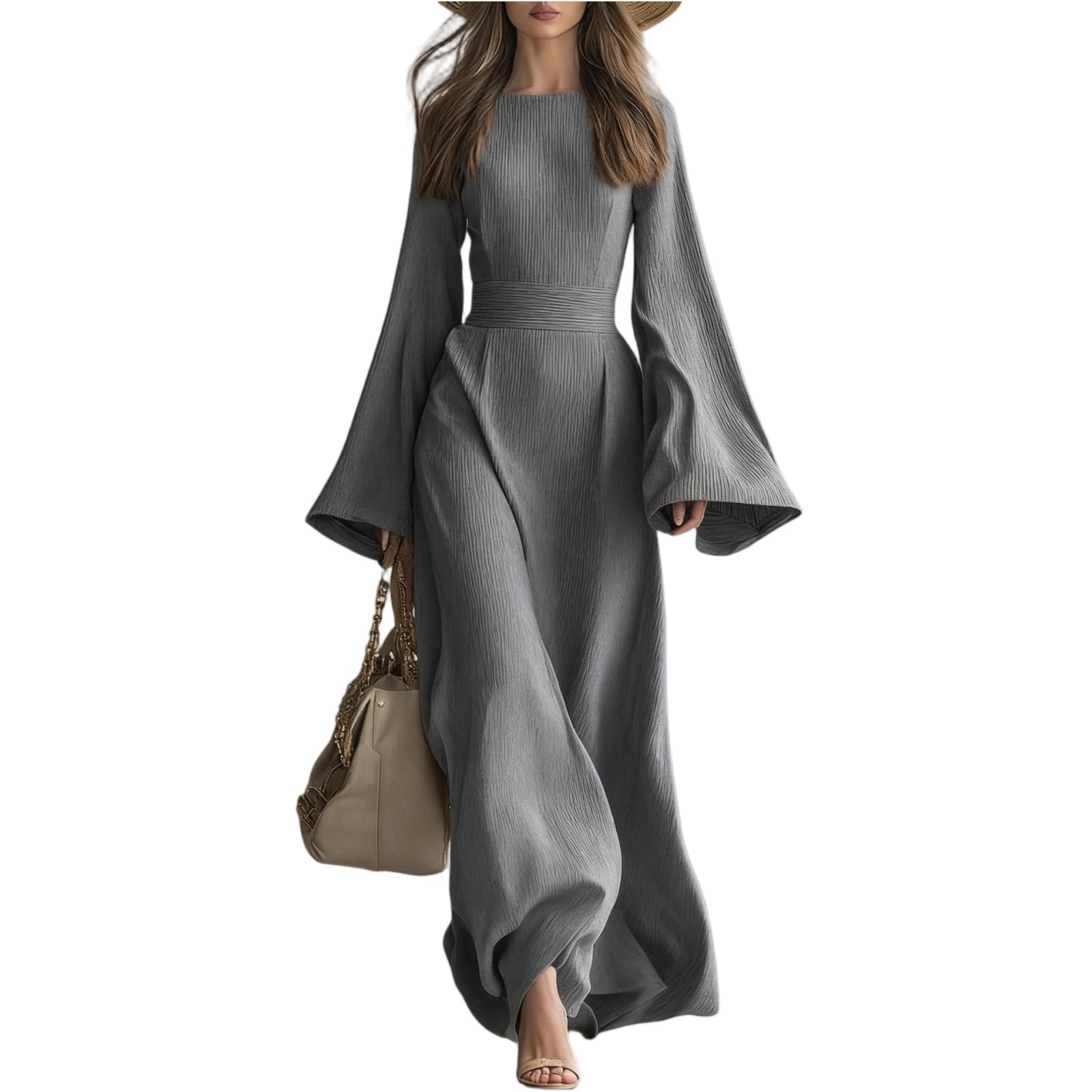 Robe Longue Femme Décontractée À Texture Plissée Coupe Ample Taille Marquée