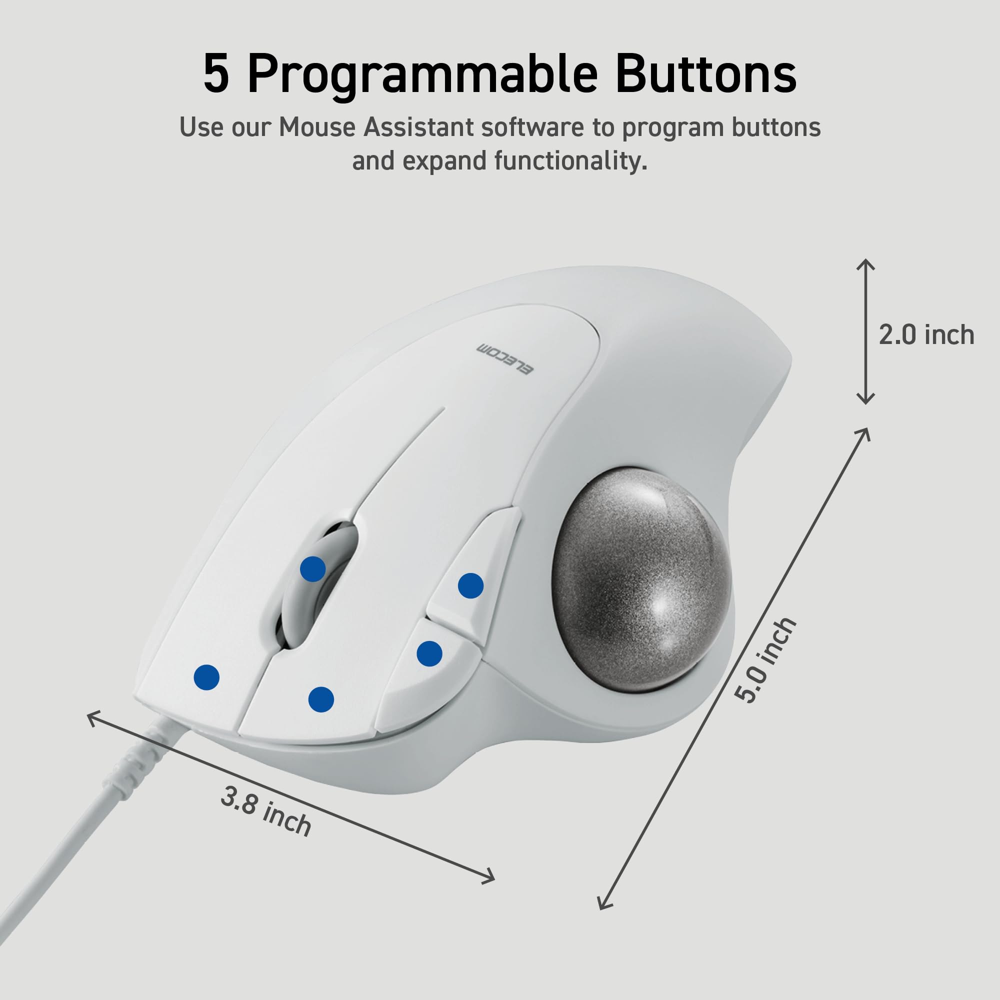 ELECOM Trackball IST filaire USB-A au design ergonomique et confortable, suivi fluide avec roulement à billes rubis, boule de 36 mm, contrôle du pouce, compatible avec Windows, PC et Mac (M-IT10URWH)