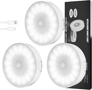 14 LEDs Night Light with Motion Detector, 3 Pack Motion Sensor Lights Indoor, Rechargeable Battery Operated, Stick on LED Puck Light for Stairs, Kitchen, Bathroom, Corridors - 6000K White