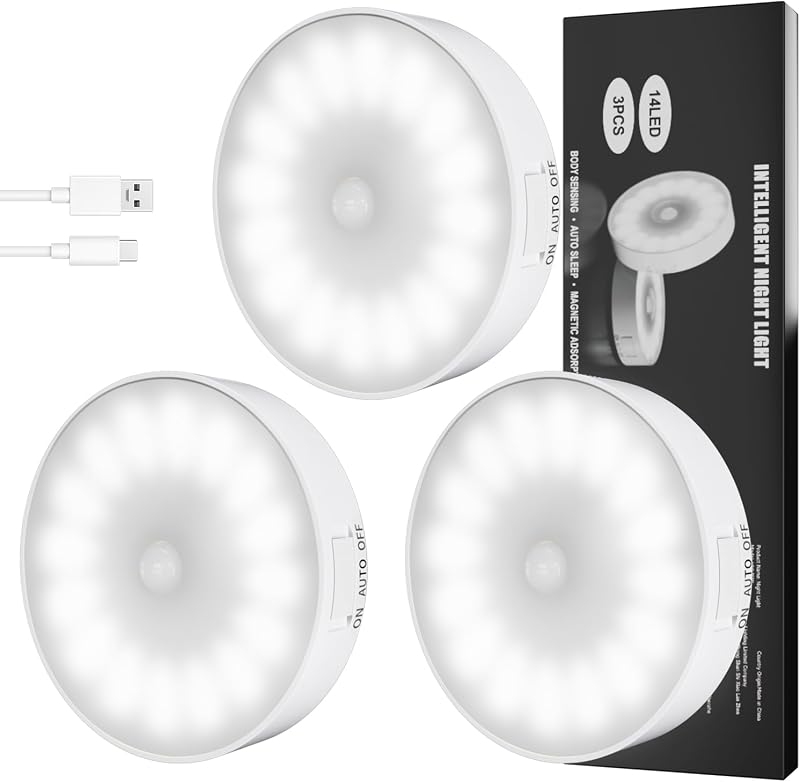 14 LEDs Motion Sensor Light Indoor, 3 Pack Rechargeable Night Light | Rechargeable, Wide Detection Range, 5 Light Modes, Bedroom Closet Lights, Anywhere Stair Light, Hallway Light- Cold White