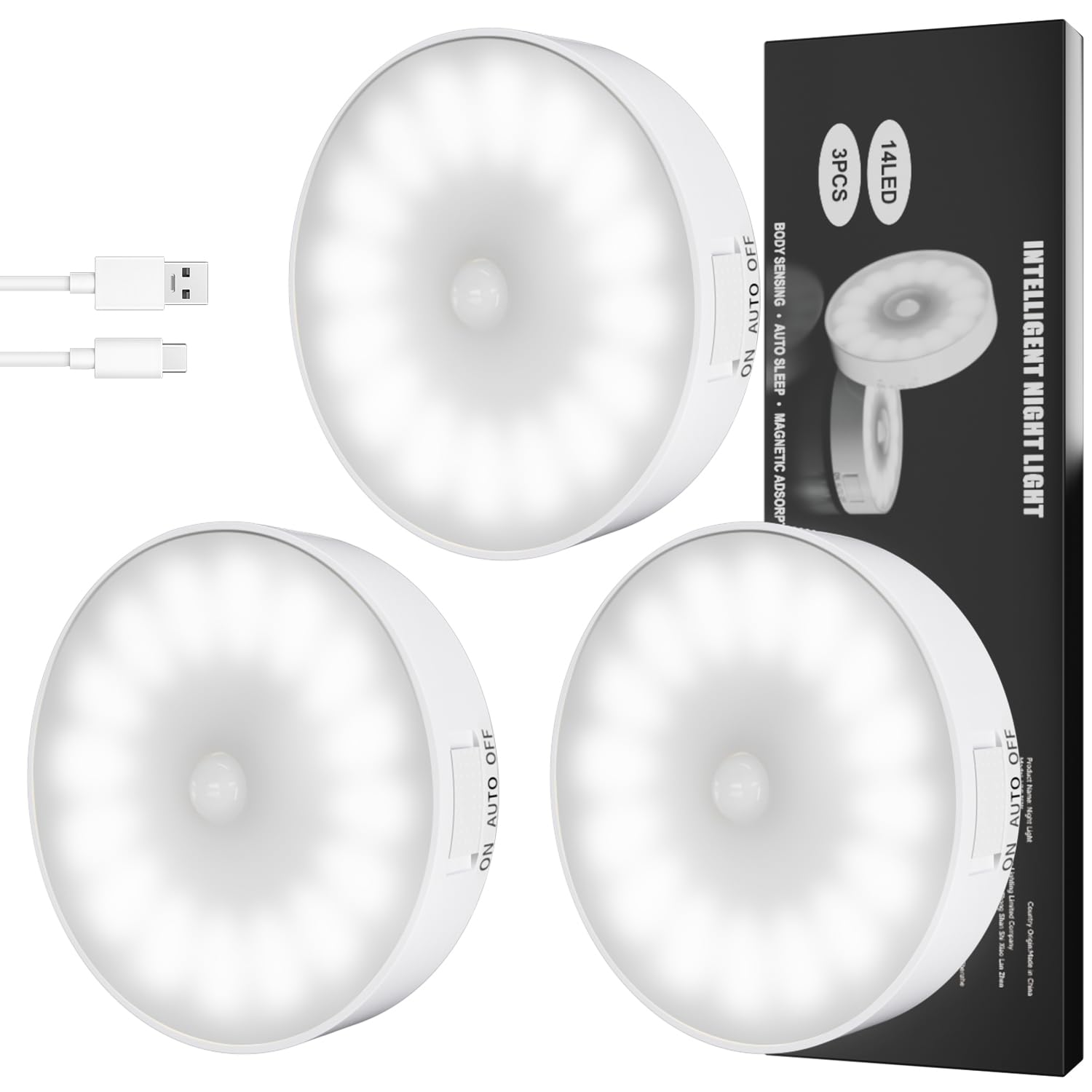 14 LEDs Motion Sensor Lights Indoor, 3 Pack Cordless Night Light Stick on Wall with Magnetic Base, USB Rechargeable Battery, Stair Lights, for Wardrobe,Cabinet,Stairs,Closet,Hallway