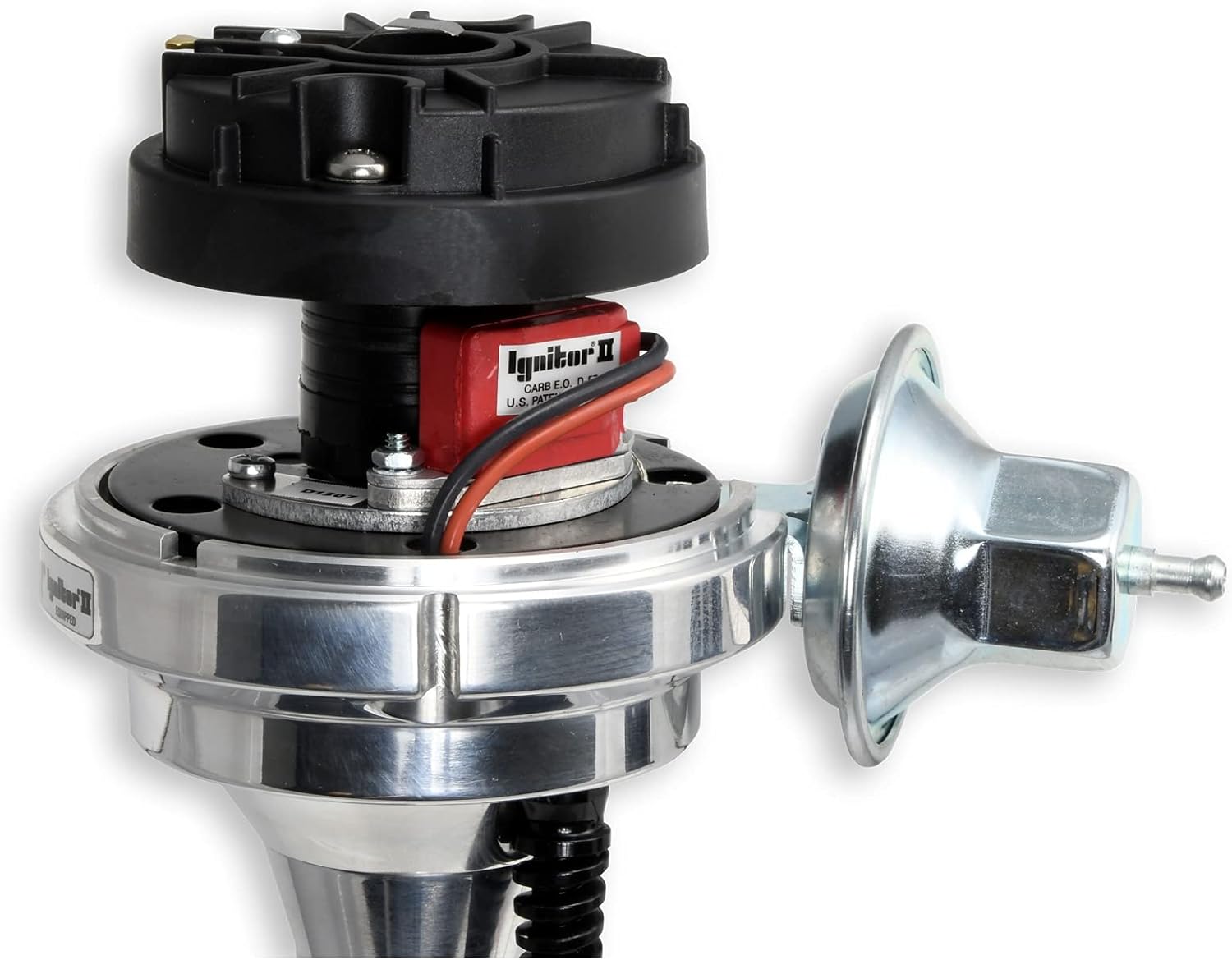 PerTronix Flame-Thrower Billet Electronic Ignition Distributor with Ignitor II - Plug and Play Distributor for Ford Small Block Engines, Vacuum Advance, Black Female Cap - D130700