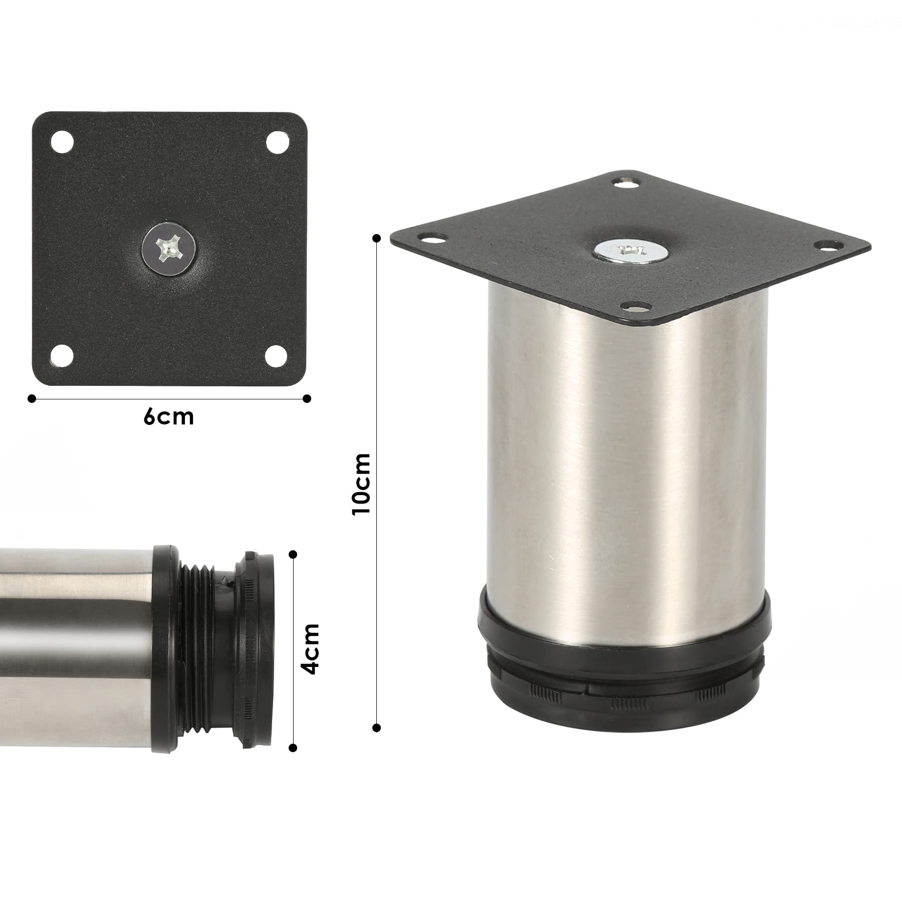 Gimisgu Juego de 12 Patas Redondas para Muebles de Acero Inoxidable, Altura de 100 mm, Altura Regulable: 15 mm, soporta hasta 250 kg, Adecuado para sofá, Cama, mesita de Noche, Armario