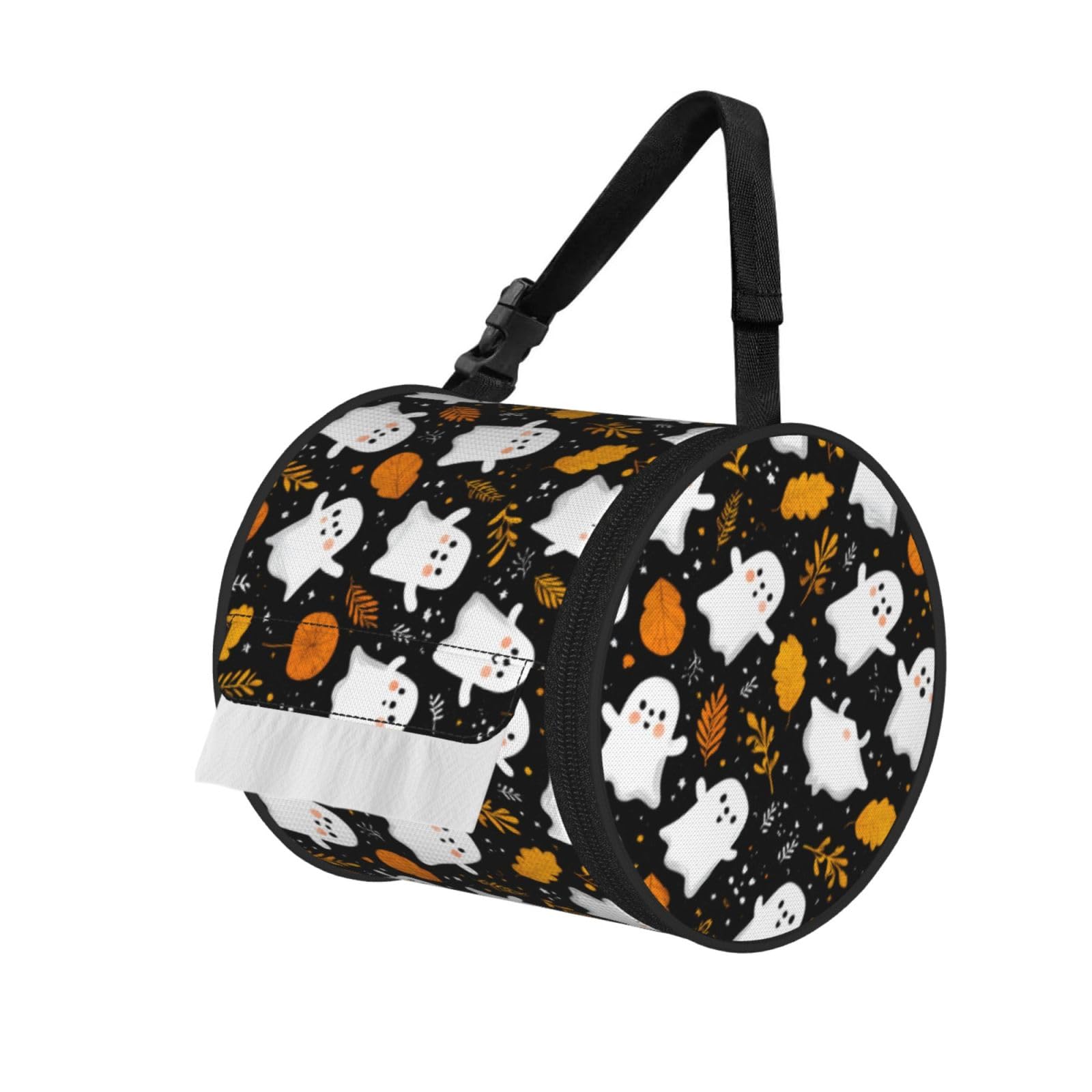 White Ghost Halloween Printed Cylindrical Tissue Bag Portable Oxford Cloth, Foldable Travel Tissue Holder With Zipper And Adjustable Belt