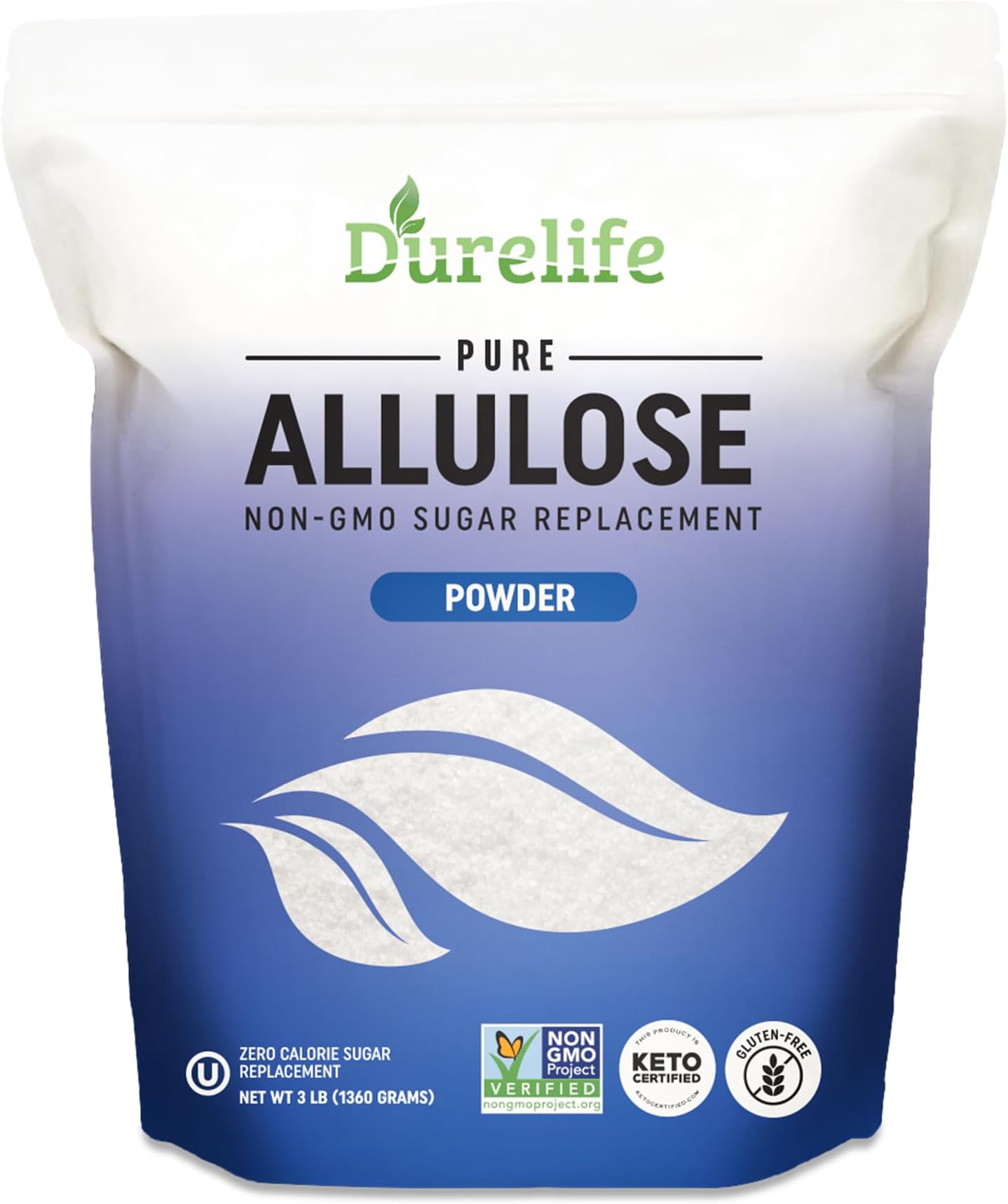 Durelife Allulose sweetener, 3 lb 100% Pure No Erythritol powdered Sugar Substitute, NON-GMO Project Verified, Keto Certified, OU kosher, No Fillers, Zero Calories sugar alternative 3 Lbs