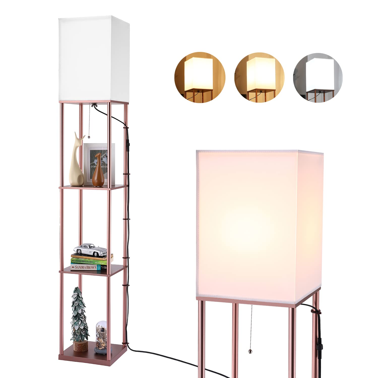 BBHome Modern Floor Lamp with Shelves,3 Color Temperature Dimmable Shelf Floor Lamp by Solid Wood an