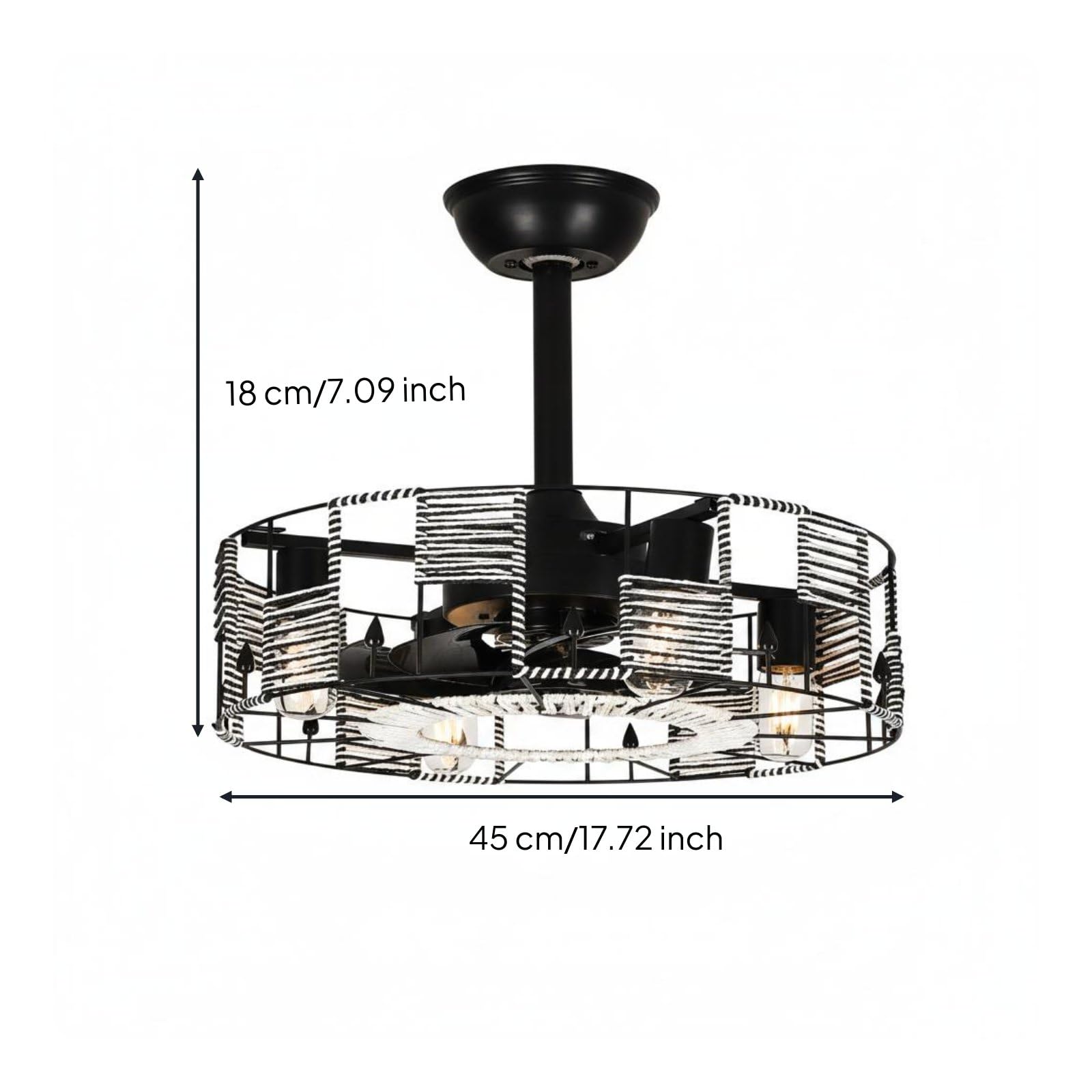 Baoblaze Ventilador de Techo Vintage Ventilador con Lámpara Empotrado Rattan Sombrado Artesanal en Hierro y con Cuerda de Cáñamo, Industrial Con Estructura De Metal Negro Y Detalles De Cuerda Blanca