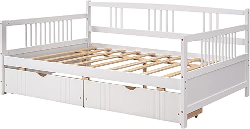 Miniatura 48 de Flieks Sofá cama de madera de tamaño individual con dos cajones de almacenamiento y soporte de 10 listones de madera (blanco)