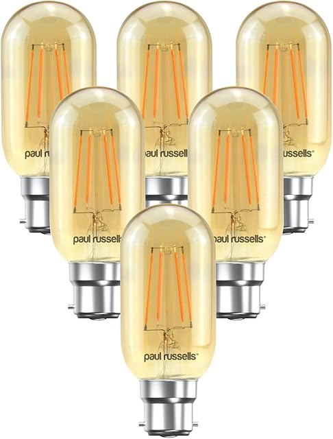 paul russells LED Filament T45 Light Bayonet Cap B22D, 35w Equivalent Replacement Antique Bulb, BC 4W 380LM LED 2200K Amber Bulbs, Decorative Ceiling Fittings Energy Saving Lightbulbs, Pack of 6