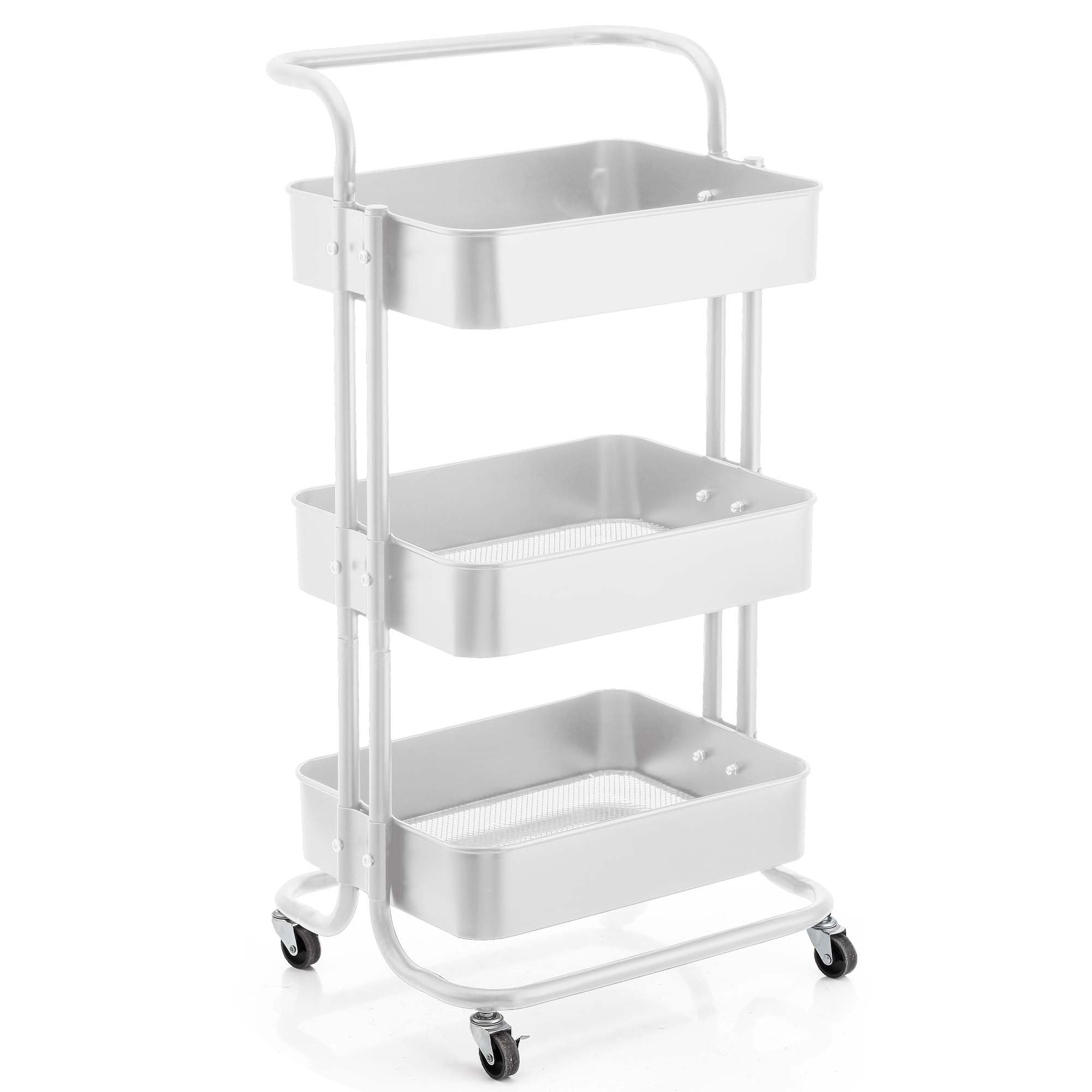 Carrito Auxiliar con Ruedas, Carro Organizador almacenaje con 3 Ganchos, 42x36x86cm. Ideal para baño, Cocina, salón, Oficina y estetica. Color Blanco.