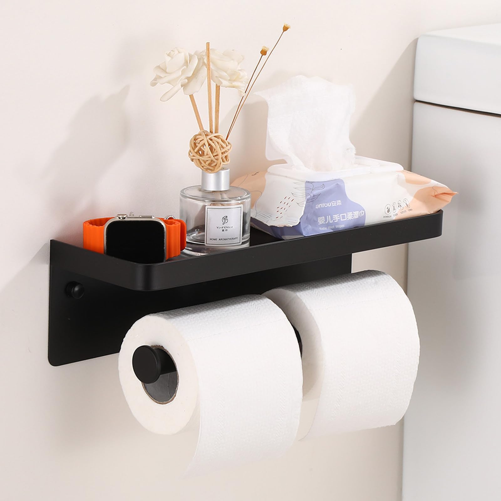 Portarrollos Baño De Aluminio Espacial, Portarrollos Papel Higienico Negro con Soportes Dobles, Porta Rollos De Papel Higienico, Portarollos Papel Higienico, Instalación De Perforación