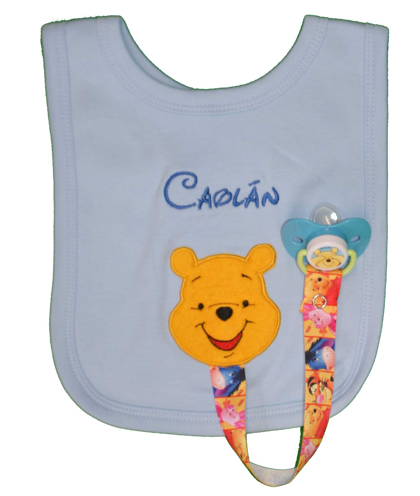 Oh Sew Simple Little Bear Personalised Bib with Dummy Clip & Dummy, Individually Handmade in the UK with embroidered name. (BLUE)