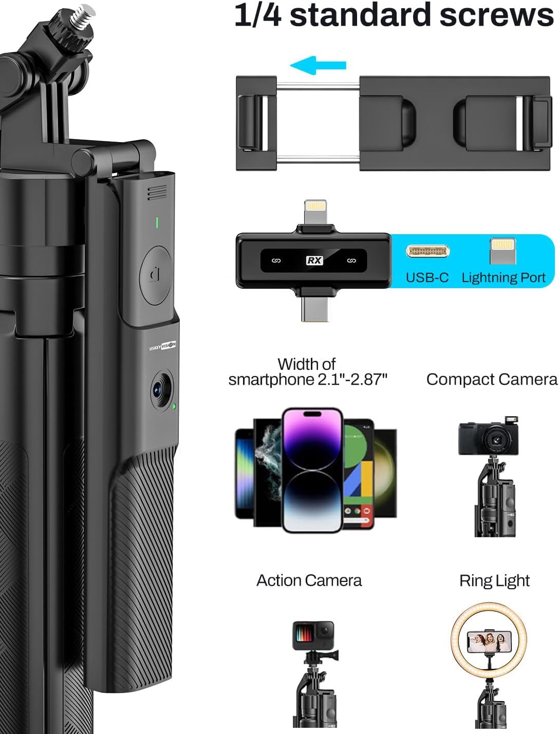 Image showing various devices compatible with the 1/4 inch screw mount and phone holder