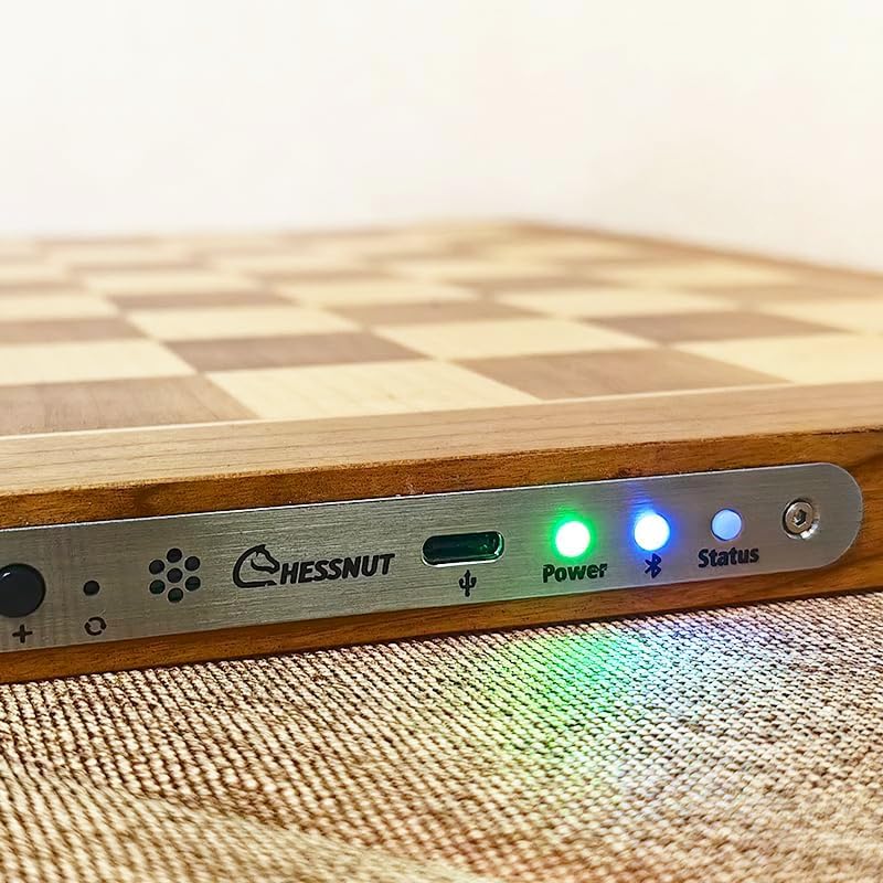 Close-up of Chessnut Air+ board side panel with USB-C port and LED indicators