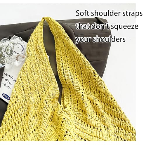 Image of Crochet Beach Tote Bag Summer Vacation Handbags Beach Bag for Women Cute Woven Shoulder Purses Mesh Knit Crochet Bag