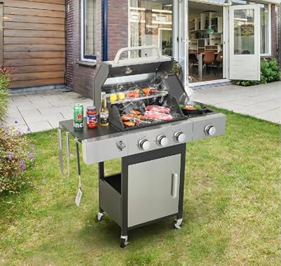 3-Burner Propane Gas BBQ Grill with Side Burner, 46790BTU Output With Enameled Cast Iron Cooking Grids For Outdoor Barbecue, Stainless Steel (3-Burner 37230BTU)