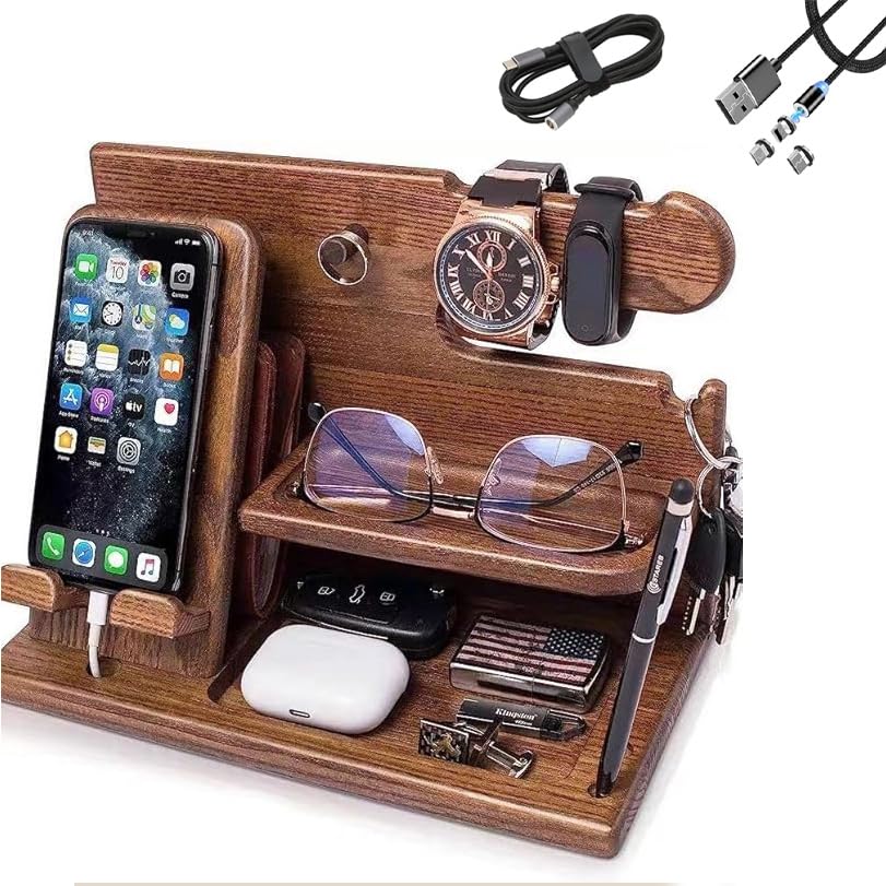 Emapoy Wood Phone Organizer, Multiple Device Docking Station Docking Station, Key Holder, Wallet Stand, Watch Organizer, Bedside Table Organiser for Mobile Phone, Watch, Best Dad Gifts
