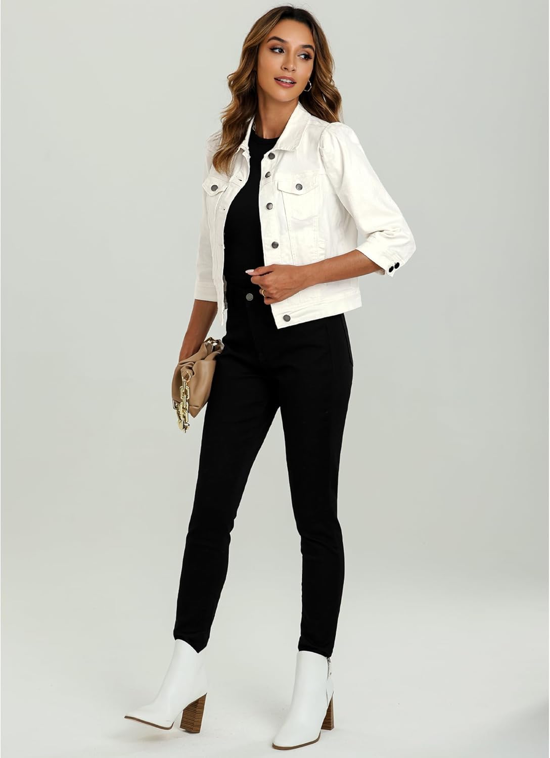 Vetinee Womens Jean Jacket Cropped Denim Jackets Stretchy 3/4 Puff Sleeve Distressed Shacket with Pockets - Image 4