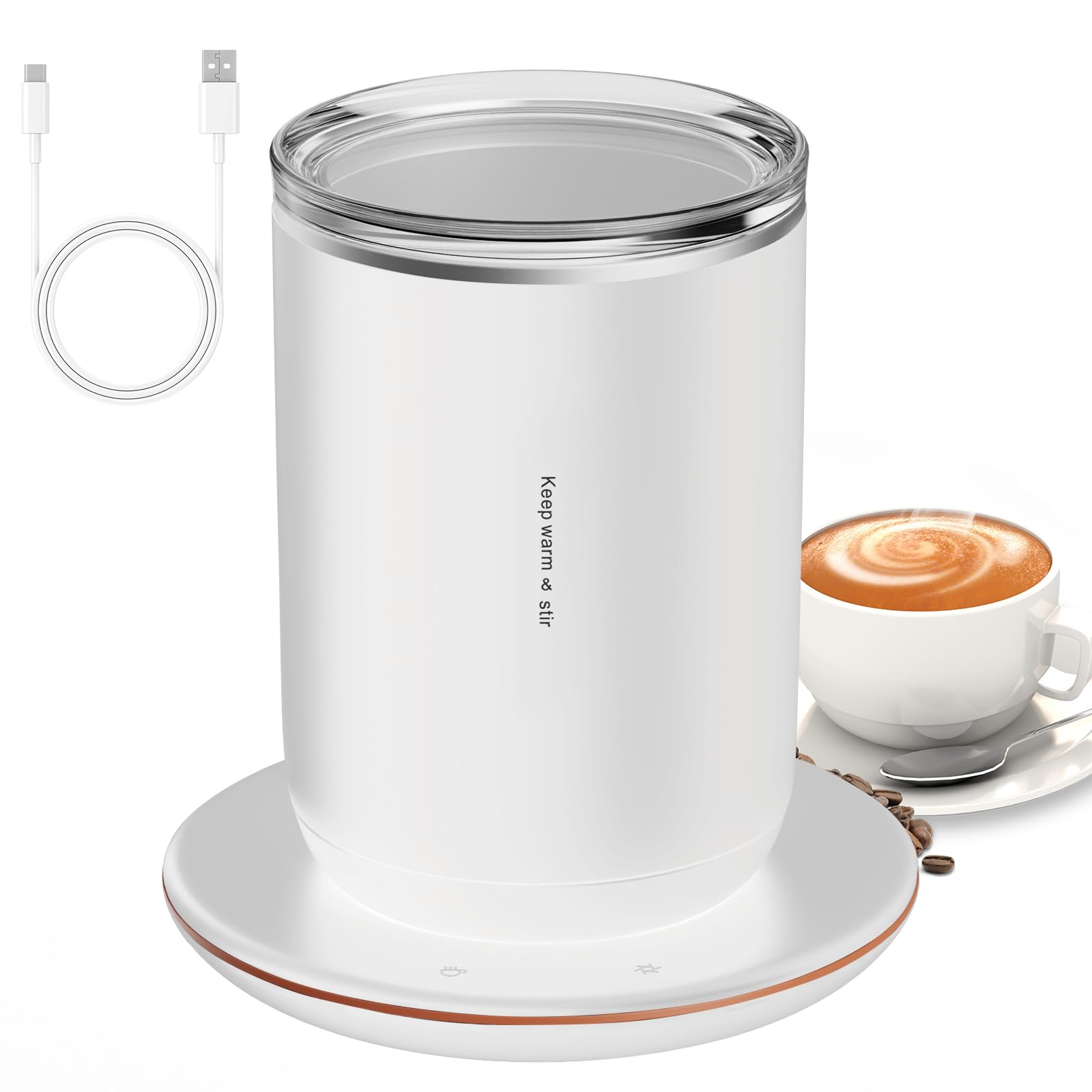 NYSUZHOUJI SELF STIRRING COFFEE MUG WARMER 55? CONSTANT TEMPERATURE CUP WITH STAINLESS STEEL INSULATED CUP (White)