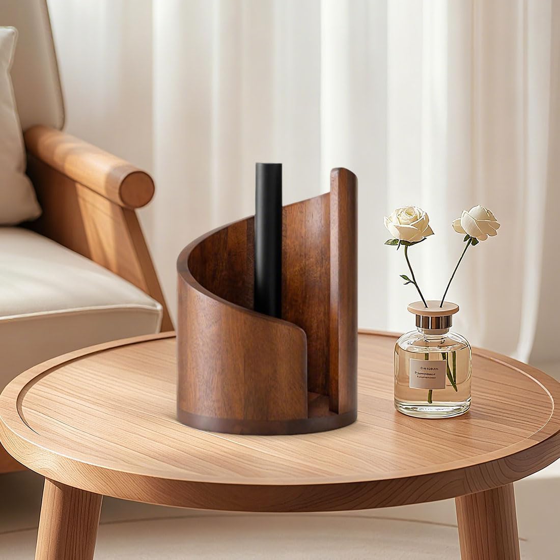 Mountain Paper Towel Holder Countertop with Mango Wood Round Base and Iron Holder, Wood Paper Towel Holders Countertop, One-Hand Tearing, Holds Jumbo and Mega Rolls (Nature)