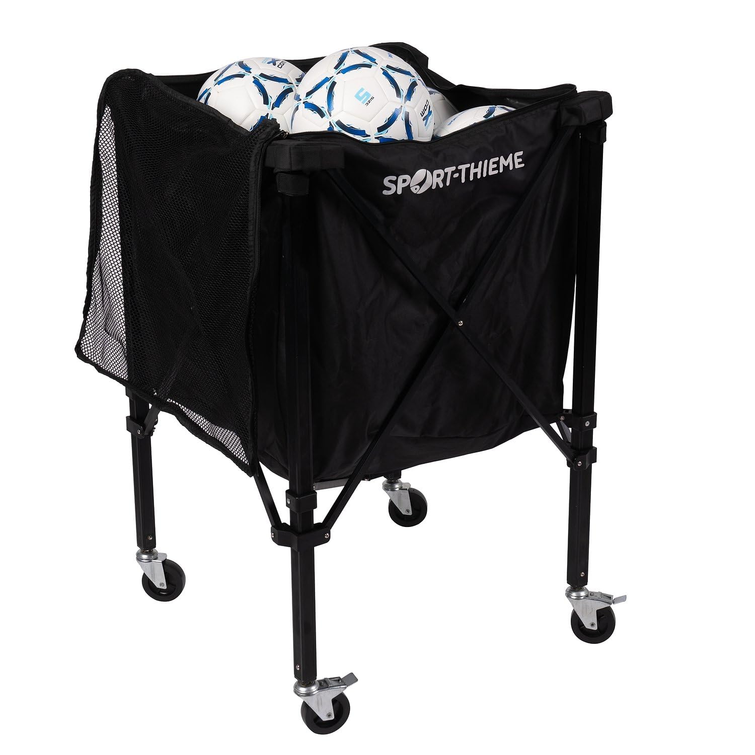 Sport-Thieme Ballwagen Faltbar | Platzsparend verstaubar mit 4 Rollen und Feststellern | Für 15 Bälle Größe 5 | 60x60x88 cm | 3,1 kg | Traglast 10 kg | Mit Aufsatz