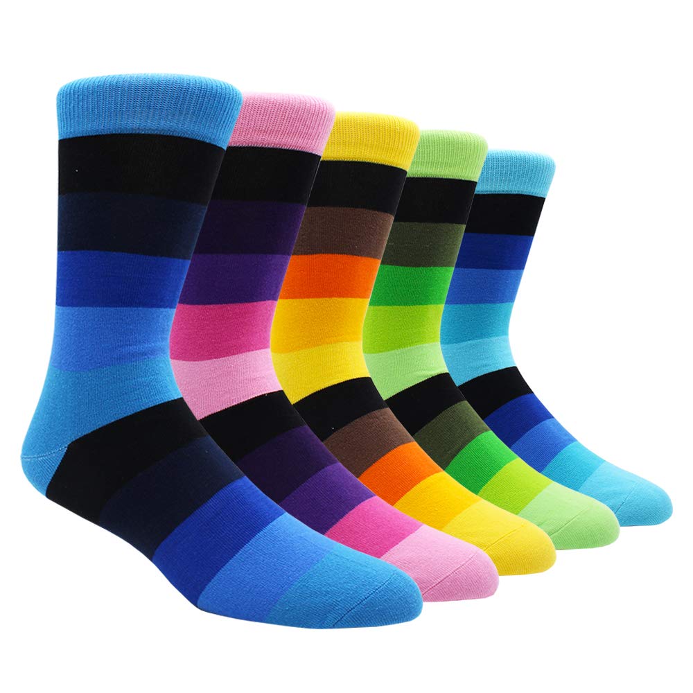 TOEJYJ Mens Fun Dress Socks, Pattern Funny Casual Socks Pack, Colorful Striped Cotton Novelty Socks Size 10-13