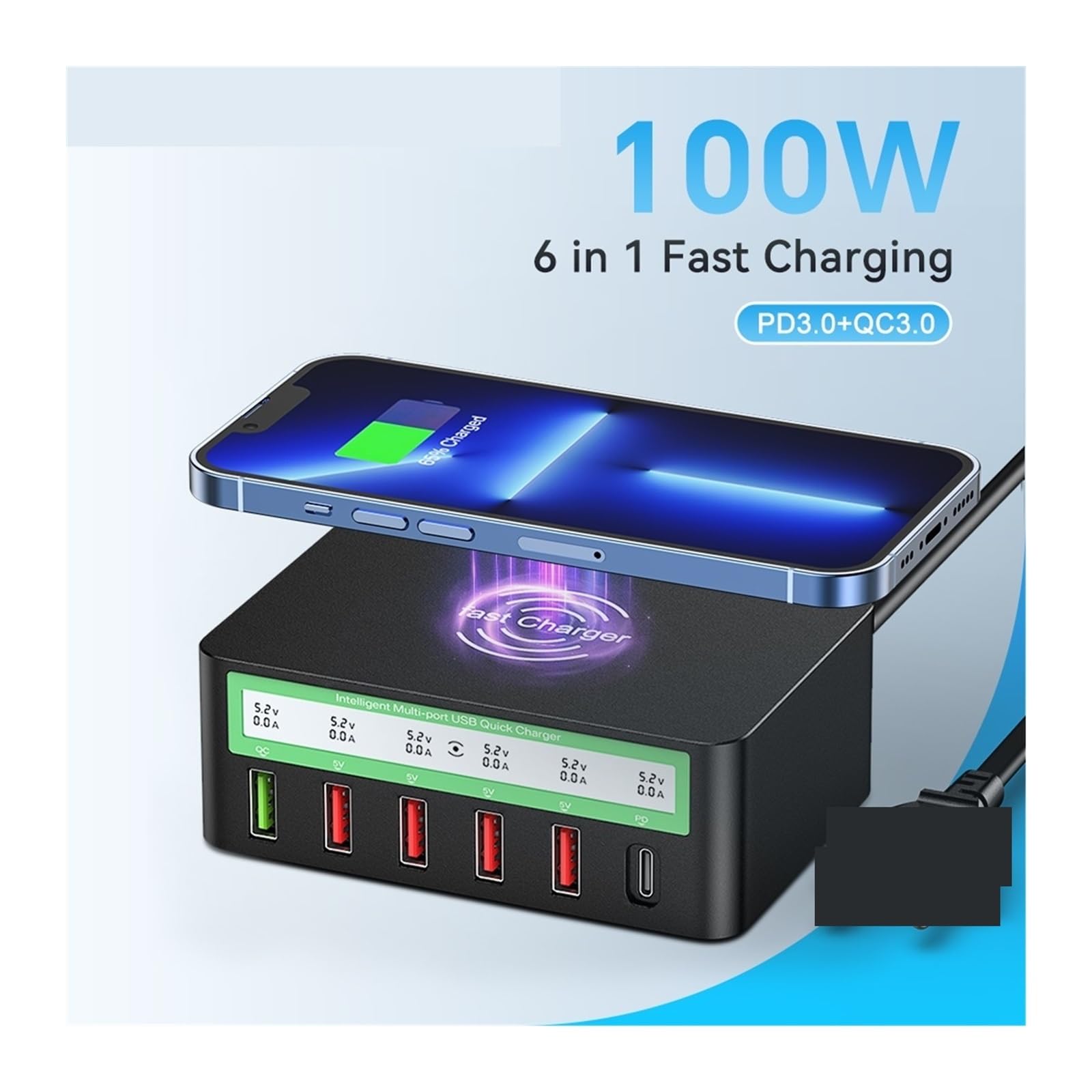 EDEDE Cargador USB C Multiple, Estación de Carga rápida de 6 Puertos del Cargador inalámbrico del Adaptador del Control de Calidad del Paladio de 100W USB, Universal Cargador USB C(100W Black)