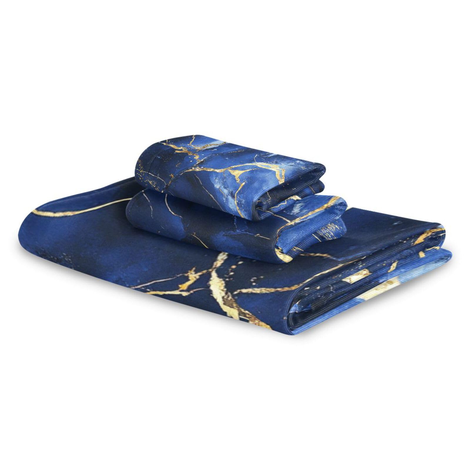 Set di 3 asciugamani per il viso morbidi con texture marmorizzata blu oro irregolare, 1 asciugamano da bagno, 1 asciugamano per le mani, 1 panno per la casa, cucina e famiglia