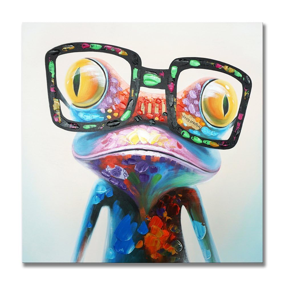 SEVEN WALL ARTS - 100% Hand Painted Oil Painting Cute Animal Frog Painting Colorful Happy Frog with Glasses Artwork for Living Room Kids Room Decor 32 x 32 Inch