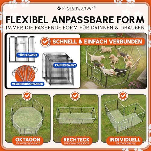 PFOTENWUNDER® Welpenauslauf 8/12-teilig, 80cm hoch, 2x2m + 1 Hundebett, 1 Trainingsbuch | Welpenlaufstall, Hunde-Laufstall faltbar für die Wohnung + Tür, Welpengehege Tierlaufstall Indoor Outdoor